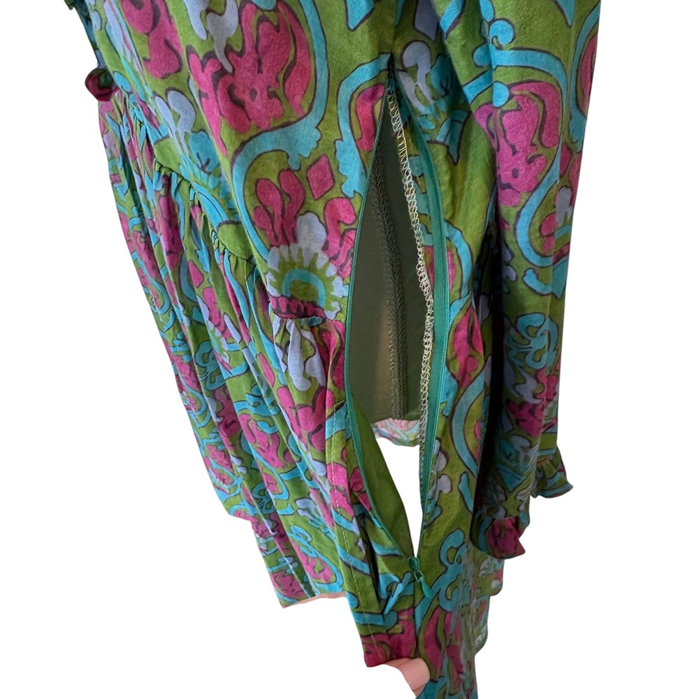 Bella Tu Women XL Green Pink Block Print Ruffle Dress Side Zip Pockets - Picture 3 of 14